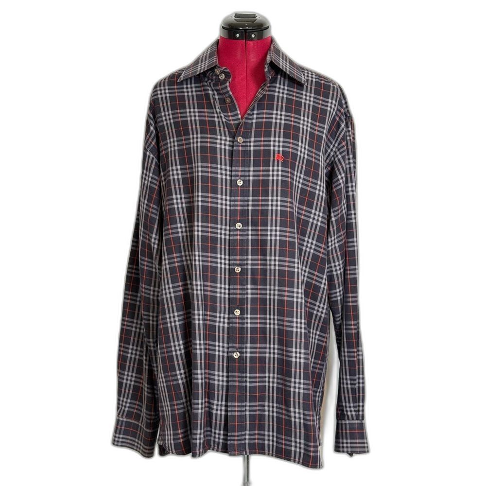 Burberry Button-Down Shirt Men's Large (17- 43) Black & Red Plaid Long Sleeves